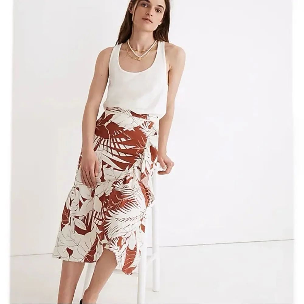Madewell Rust & White Tropical Print Ruffle Linen Blend Midi Skirt